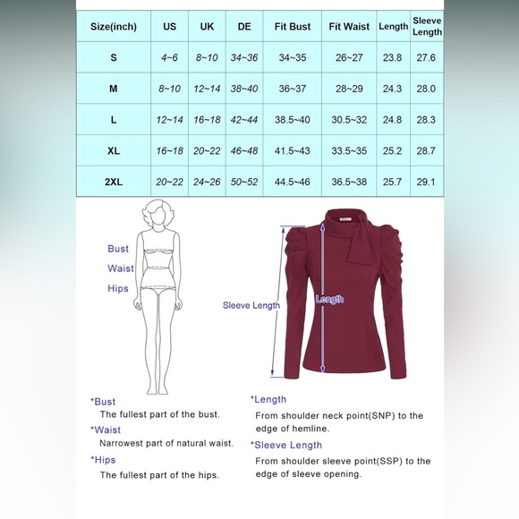 Women's Blouse Bow Tie Neck Puff Long Sleeve Top - Picture 5 of 5